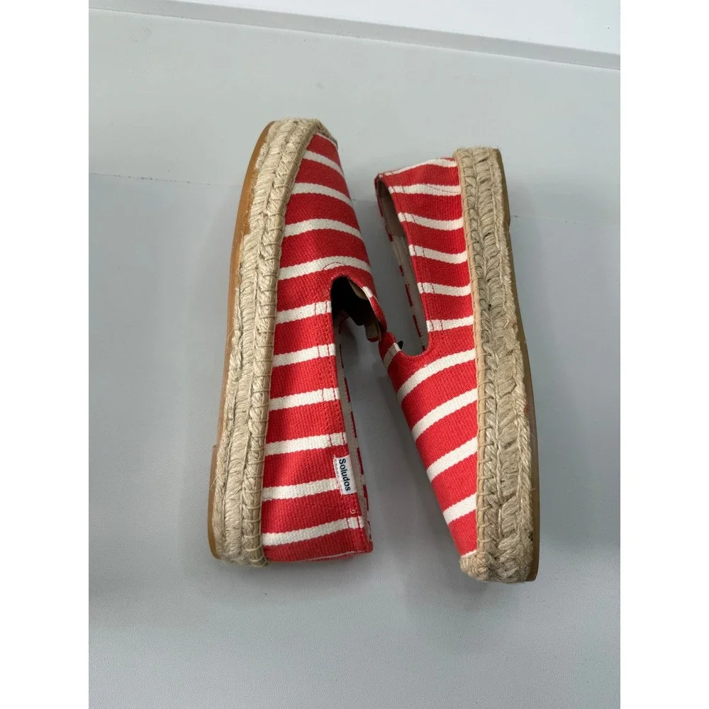 Soludos Womens Platform Smoking Slipper Coral Red White Striped Espadrilles‎ 9
